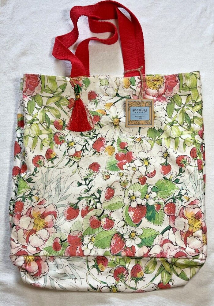 BEGONIA MARKET LARGE TOTE BAG CANVAS STRAWBERRY DAISY 16X16X6 100% COTTON NWT