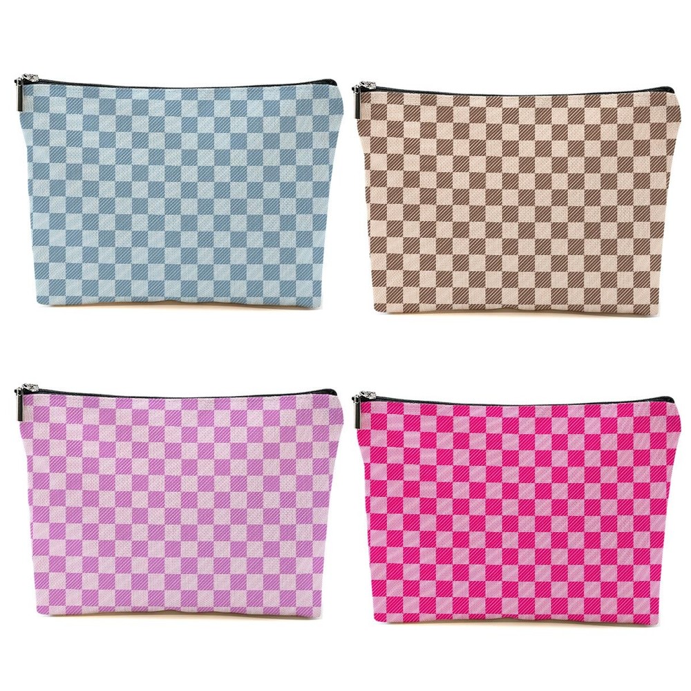 4 PCs Preppy Checkered Makeup Bag 9.62 * 7.42 Inches, Multicolor 0216