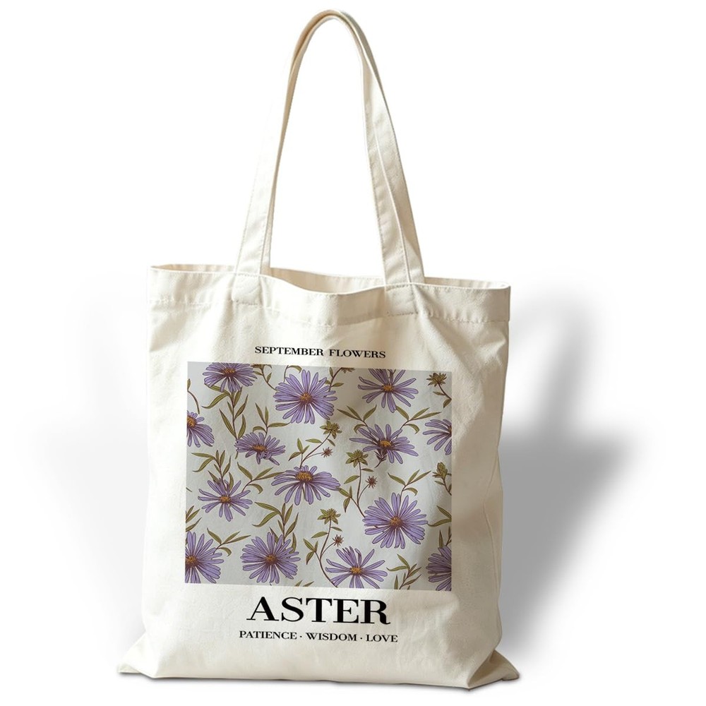 Flower Canvas Tote Bag, September Aster Reusable Shoulder Bags, Christmas Gif…