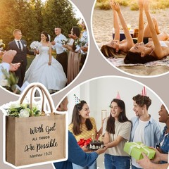 4 Pack Church Mother’s Day Burlap Tote Bags 15.3x12x6 Inch Brown Handle
