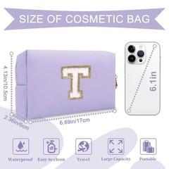 Personalized Makeup Bag Initial A-Z Preppy Patch T, Purple,White-Letter