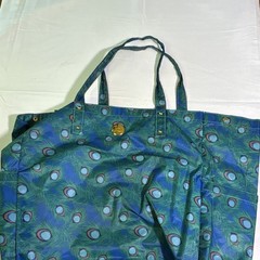 Joy Mangano Foldable Nylon Tote Bag Peacock Feather Print Blue Green Zipper