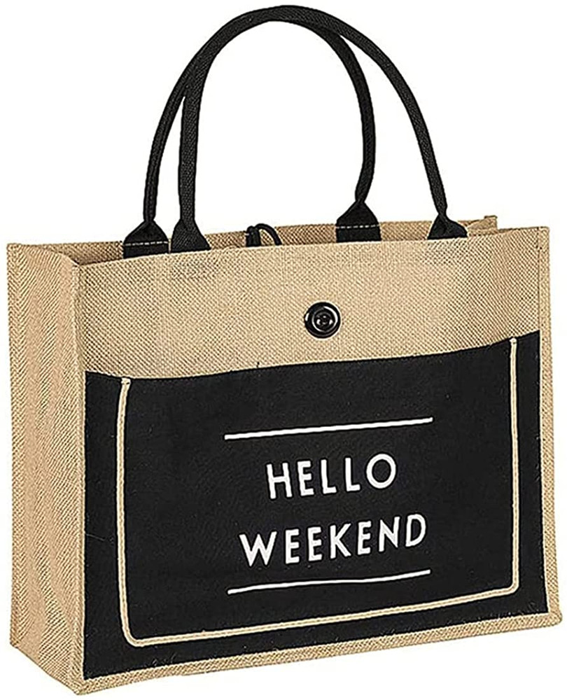 Jute Beach Tote for Women, Reusable Grocery Shopping Bag with Handle, Cute Straw