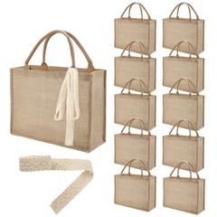 10 Pack Large Burlap Tote Bags Bulk, Reusable Jute Tote Bag with 10Yd Ribbon …