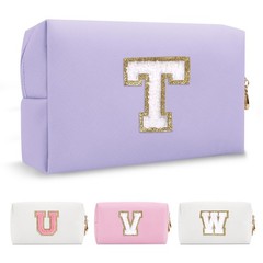 Personalized Makeup Bag Initial A-Z Preppy Patch T, Purple,White-Letter