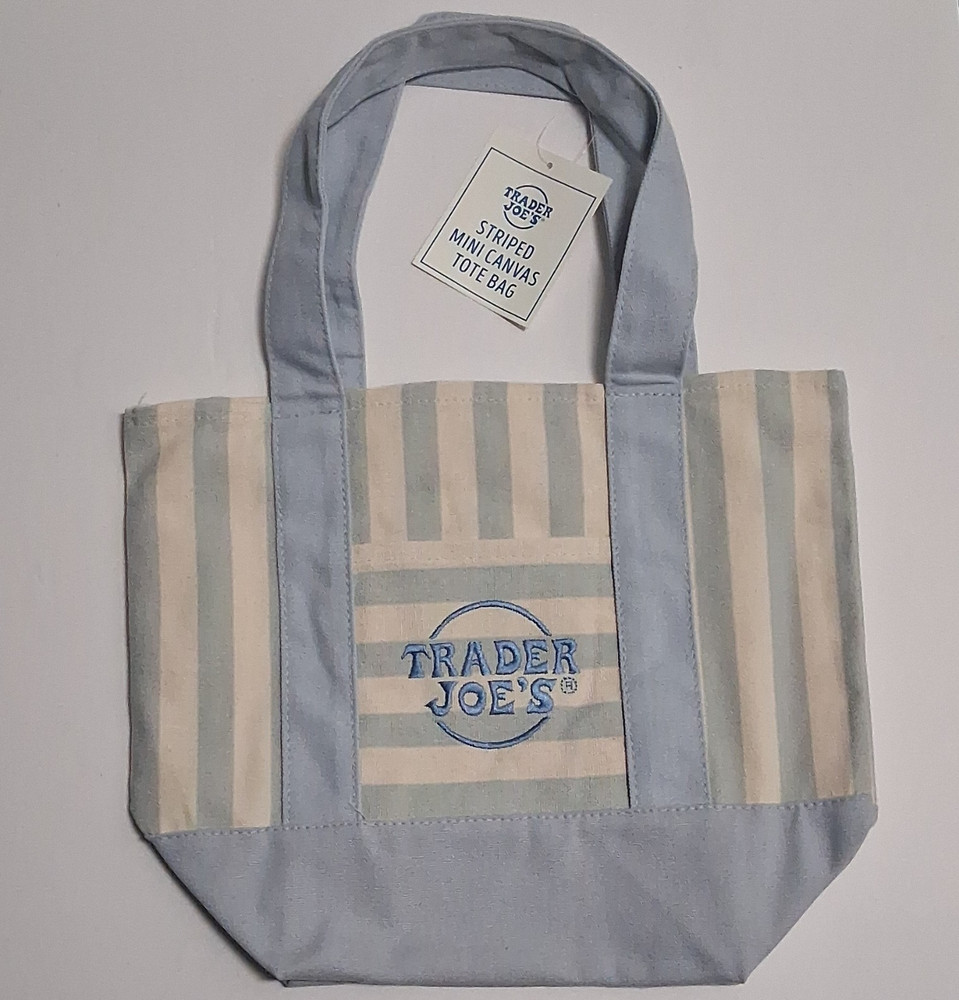 Trader Joe’s Striped Mini Canvas Tote Bag Reusable Blue/Beige Cotton Blend