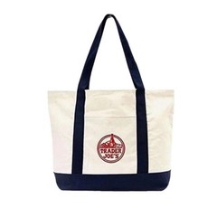 Trader Joe’s Foldable Canvas Reusable Tote Bag Beige Navy Blue Solid NWT