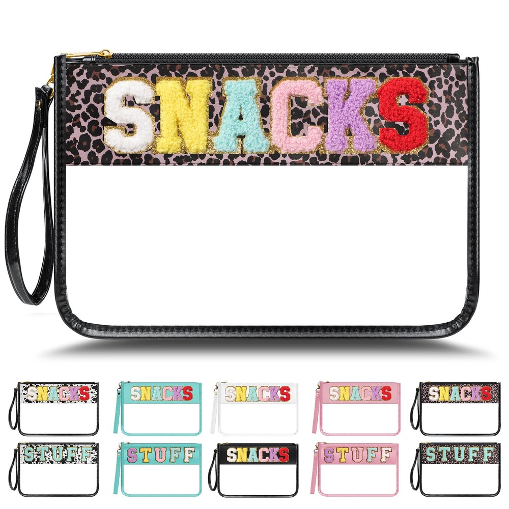 YEMEDA Chenille Letter Clear Zipper Pouch for Travel, Nylon D1-Leopard-Snacks