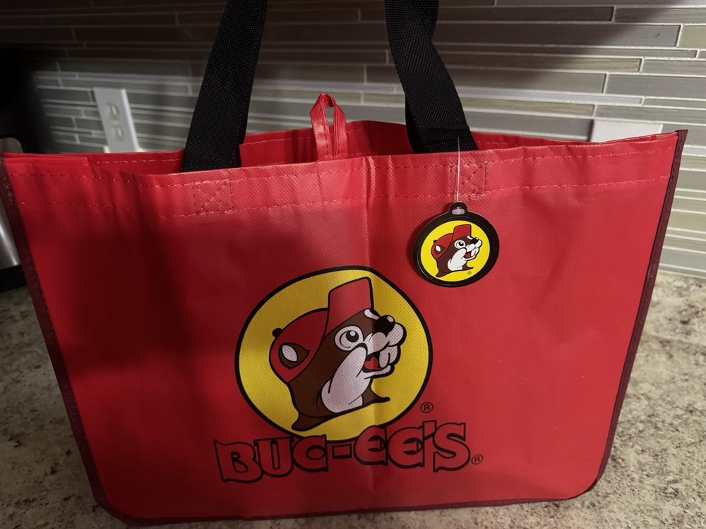 Buc-ees Grocery Bag Handle Black Red Beaver Travel Tote New W/ Tags