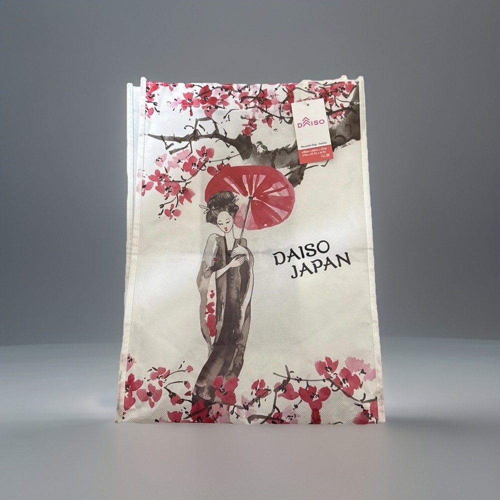 Sakura Geisha Reusable Grocery Shopping Tote Bag Black Handle Straps Daiso Japan