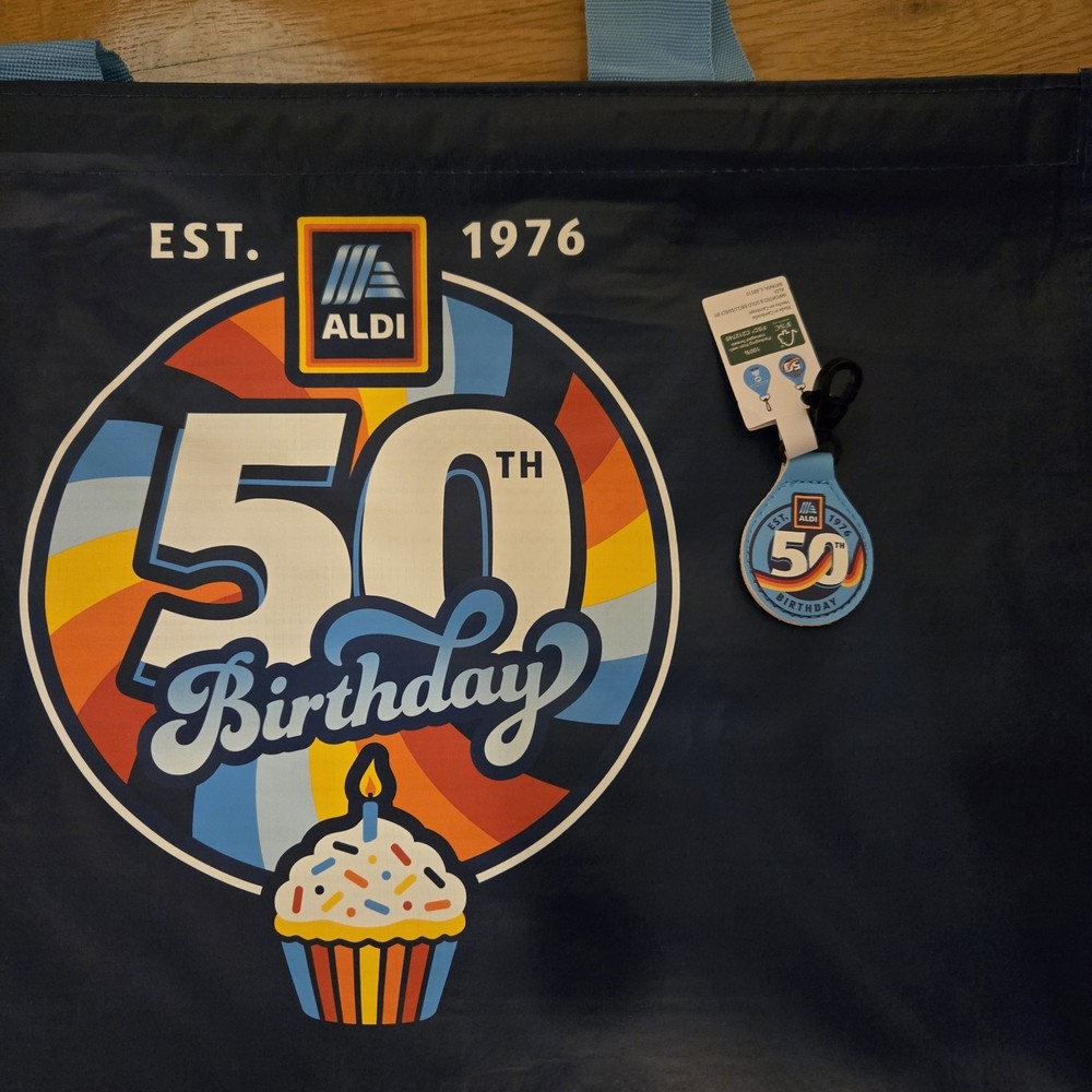 ALDI XL Reusable CLICK AND STAY 50th Birthday Shopping Bag & Quarter Keychain