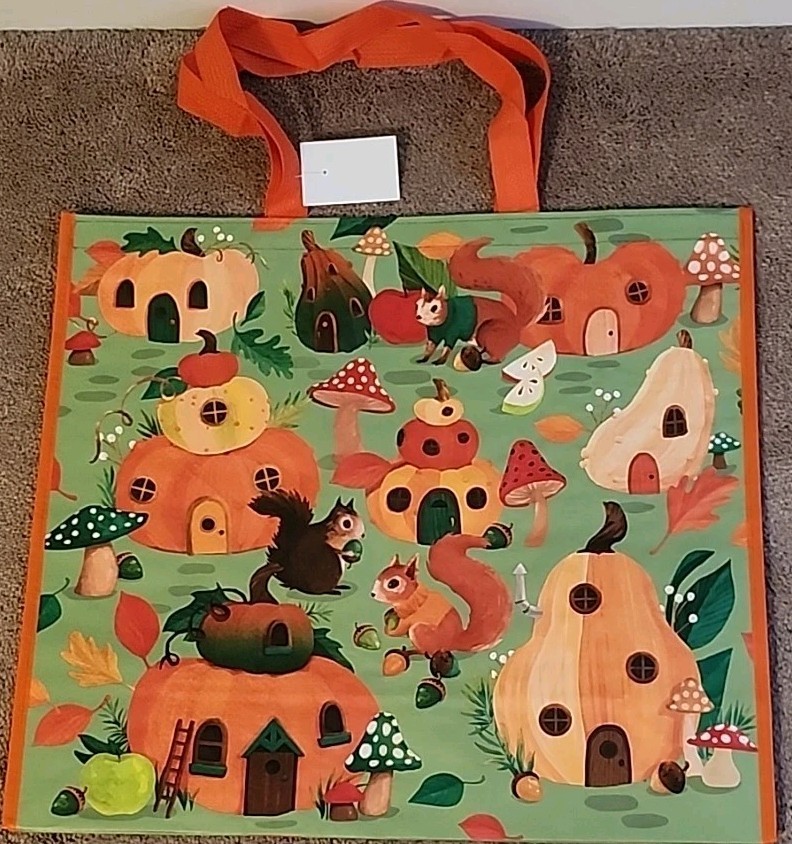 Home Goods-Cute Squirrels In Pumpkin Homes- Large Reusable Shopping Tote/Eco Bag