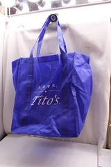 “LOVE, Tito’s” blue, non-woven polypropylene reusable grocery tote bag 12X14X10″
