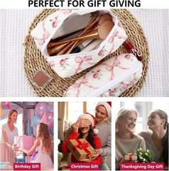 URSKYTOUS 2Pcs Cotton Quilted Makeup Bag for Women Girls Coquette Pink Bow