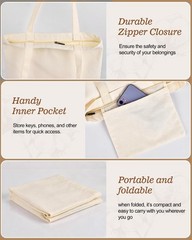 3-Pack Aesthetic Canvas Tote Bag – with Zipper and Inner Pocket，Reusable Groc…