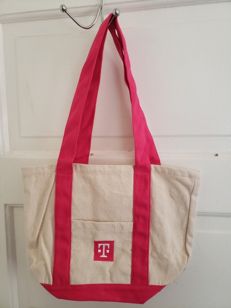 NEW T-MOBILE Tmobile Mini Canvas Tote Bag Beige Pink 12.75″ x 9″ Recycled Cotton