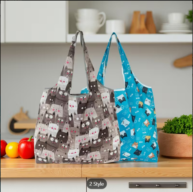 2pcs Reusable Foldable Cat Tote Bags Large Grocery Shopping Bag