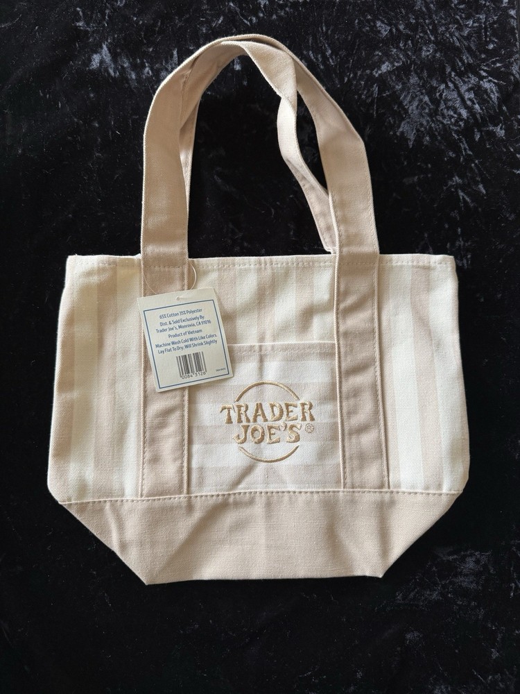 Trader Joe’s Striped Mini Canvas Tote Bag Beige Tan New