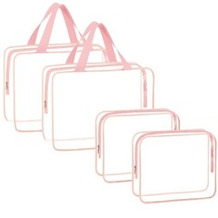 4-Piece Large Makeup Cosmetic Toiletry Bag – Clear Plastic PVC Tote Bags PINK