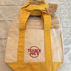 Trader Joe’s Mini Canvas Tote Bag Reusable Foldable Yellow Beige Small Shopping
