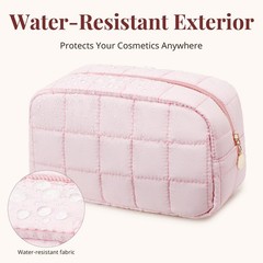 LOVELYWIND Makeup Bag, Quilted Puffy Travel Toiletry Bag with Pink