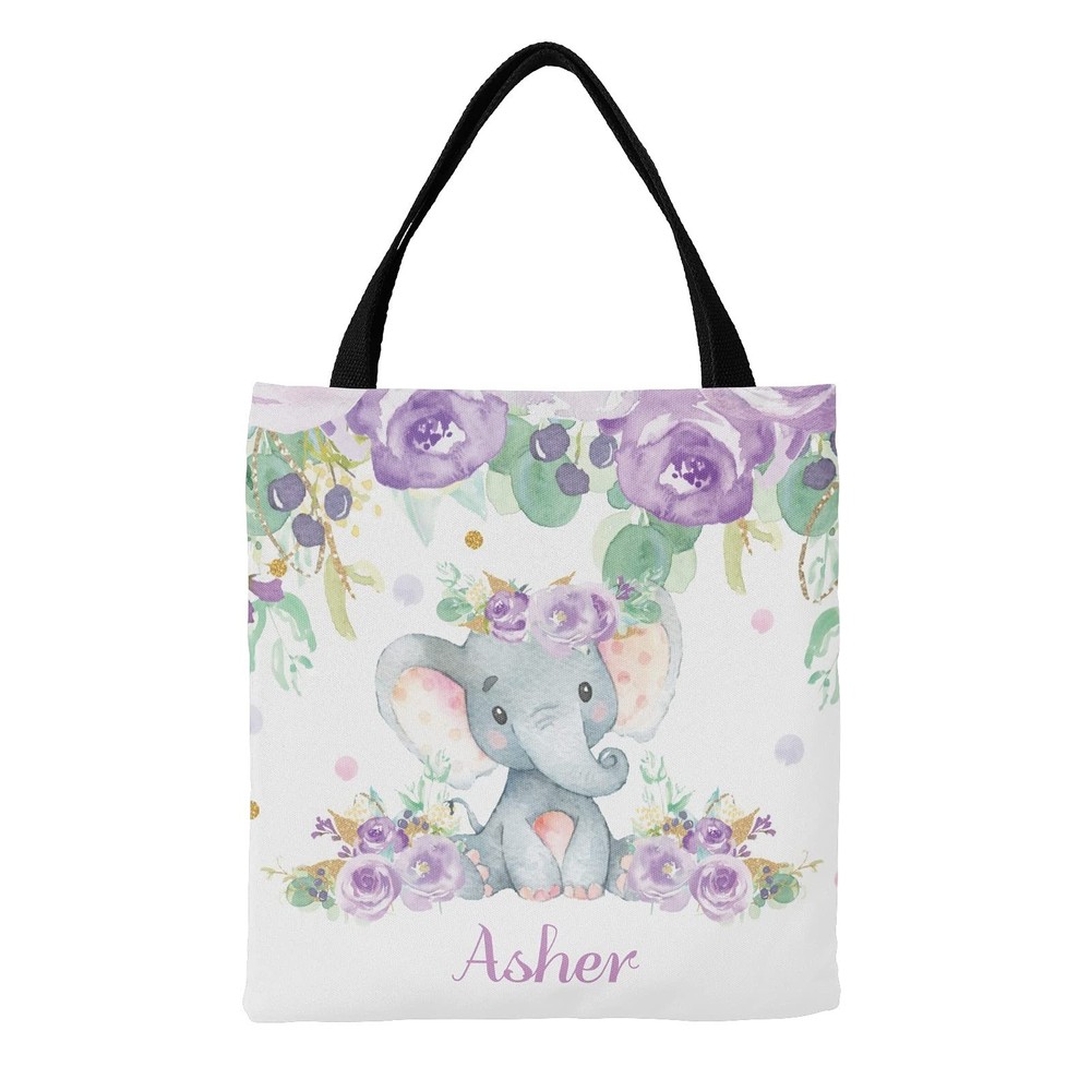 Cute Elephant Purple Floral Personalized Canvas Tote Bags, Reusable Bags for …