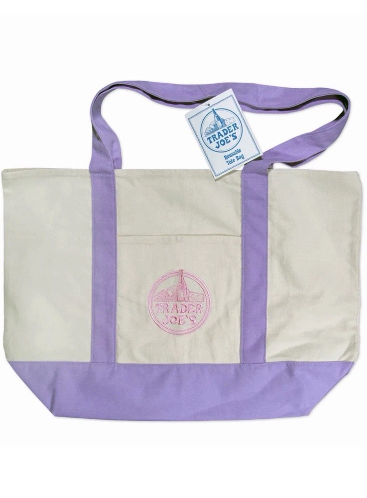Trader Joe’s Canvas Reusable Shopping Bag Colorblock Beige Purple