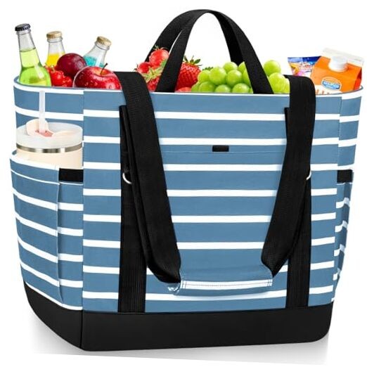 Cooler Bag Insulated, Soft Side Cooler, Reusable Grocery Gray Blue and White