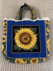 Large Sunflower Print Cotton Tote Bag Blue Yellow Green
