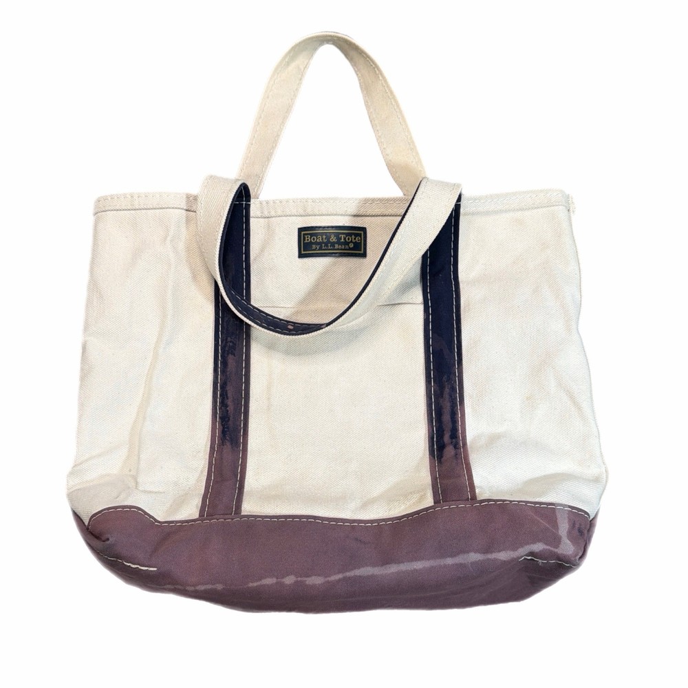 VTG 1990s LL Bean Boat and Tote Bag Med Canvas Navy Trim Zip Top w pocket Logo
