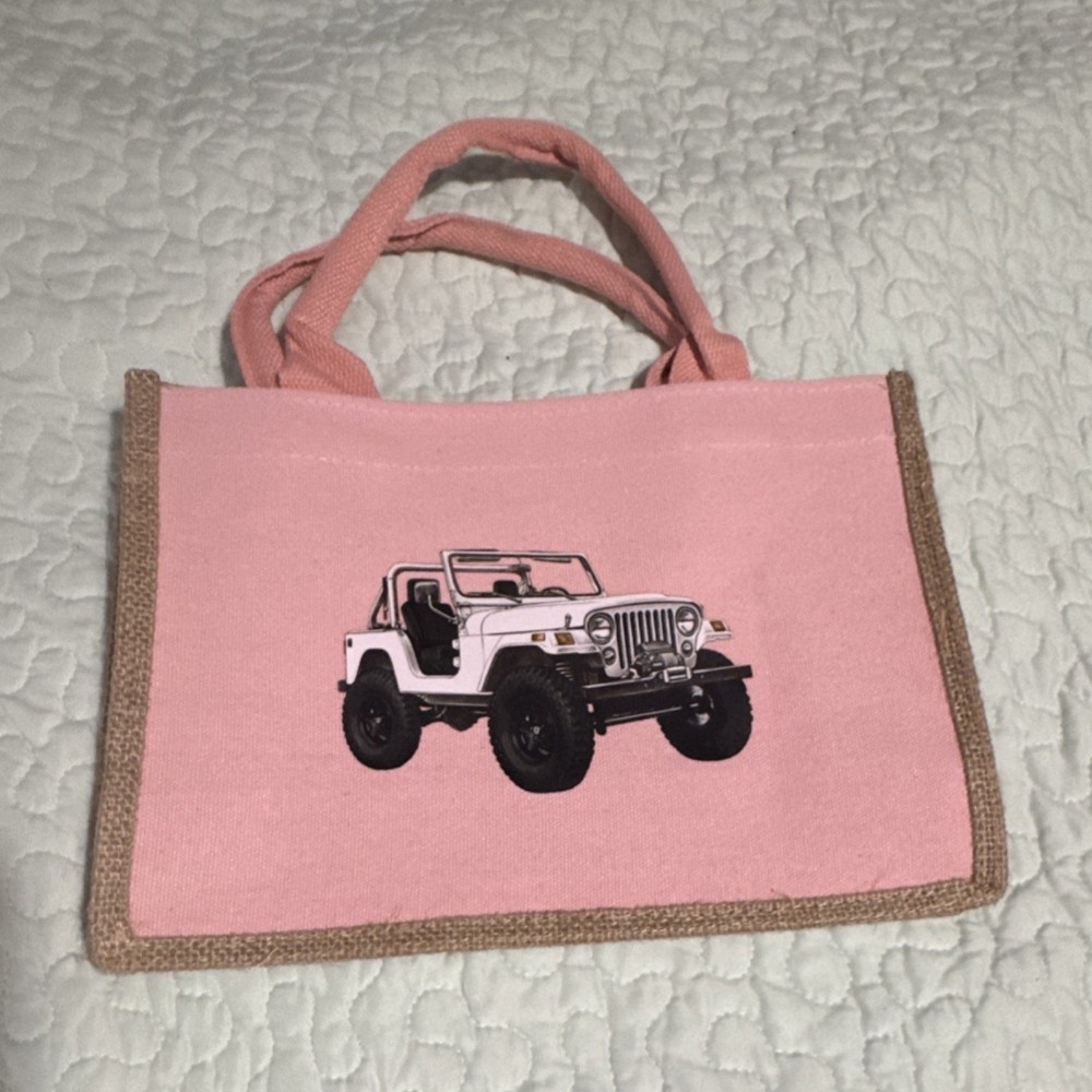 Pink Foldable Canvas Jute Reusable Shopping Bag with Vehicle Print