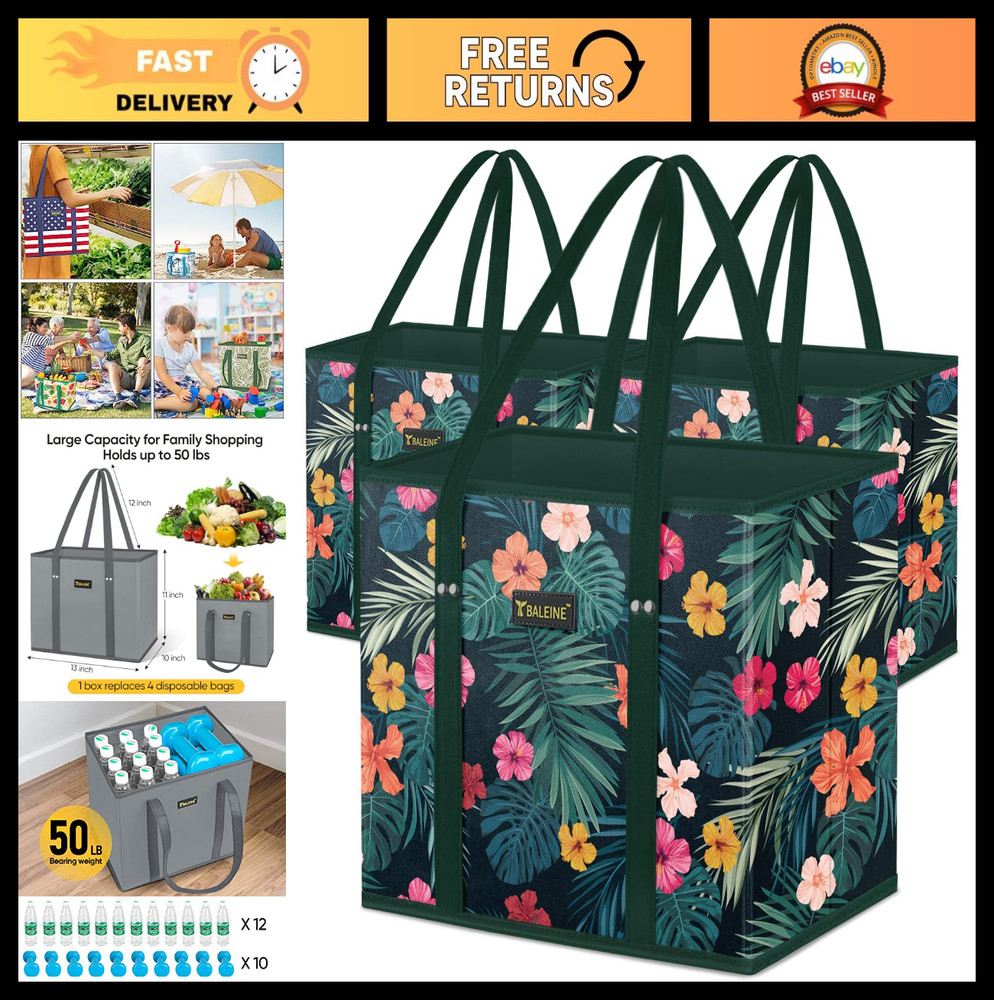 3-Pack Reusable Grocery Bags, Foldable Shopping Tote with Reinforced Bottom & Ha