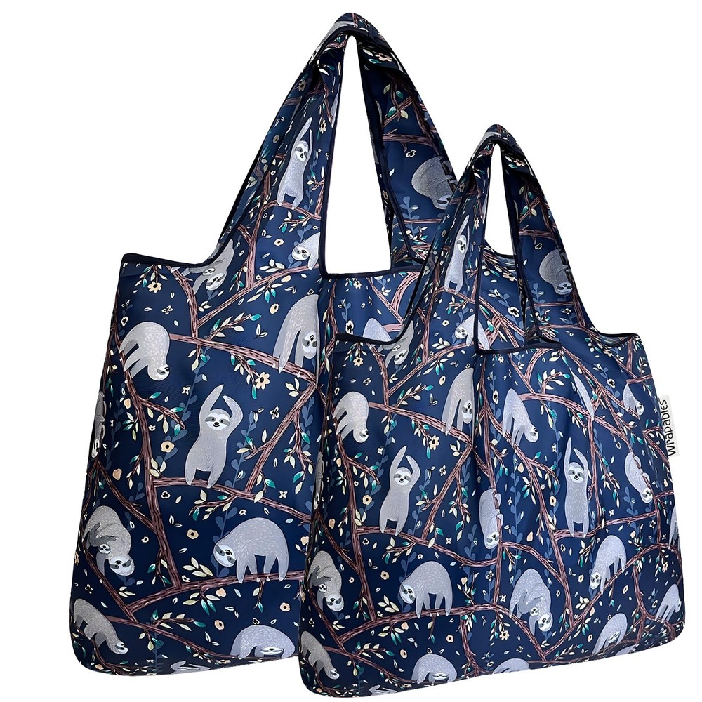 Large & Small Foldable Tote Nylon Reusable Grocery Bags, Set of 2, Sloths