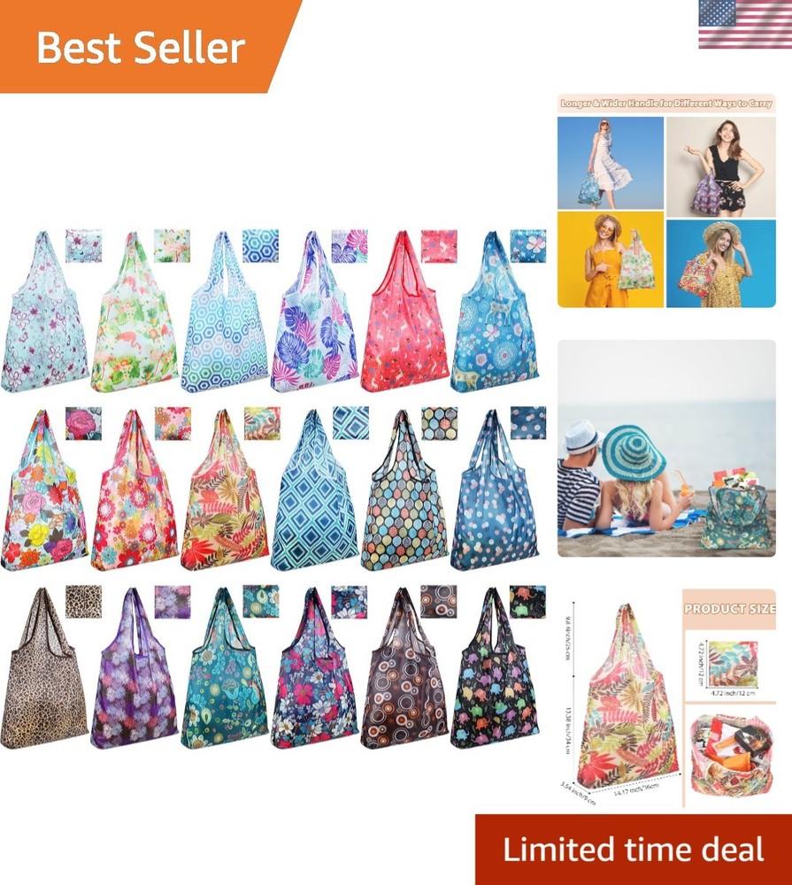 Stylish 18-Pack Foldable Reusable Shopping Bags – Machine Washable, Waterproof