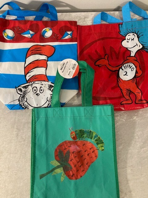 Dr. Suess (2) & Eric Carle (1) Reusable Vinyl Tote Bags Set of 3 – Thing #1 & #2