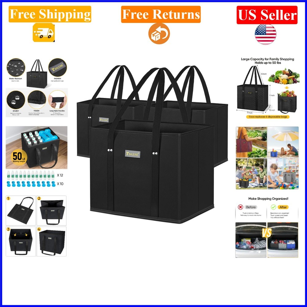 3Pk Black Reusable Foldable Grocery Bags with Reinforced Bottom & Handles