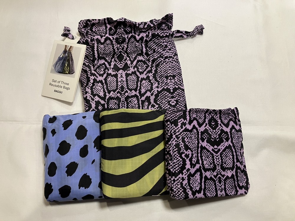 NWT Baggu Standard Reusable Bag Set of 3 Animal Print BlueCheetah OliveZebra Pin