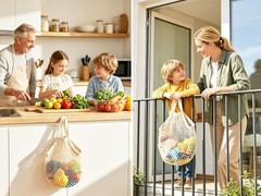 Beige Drawstring Cotton Mesh Bags – Perfect for Eco-Friendly Shopping in 3 Pack
