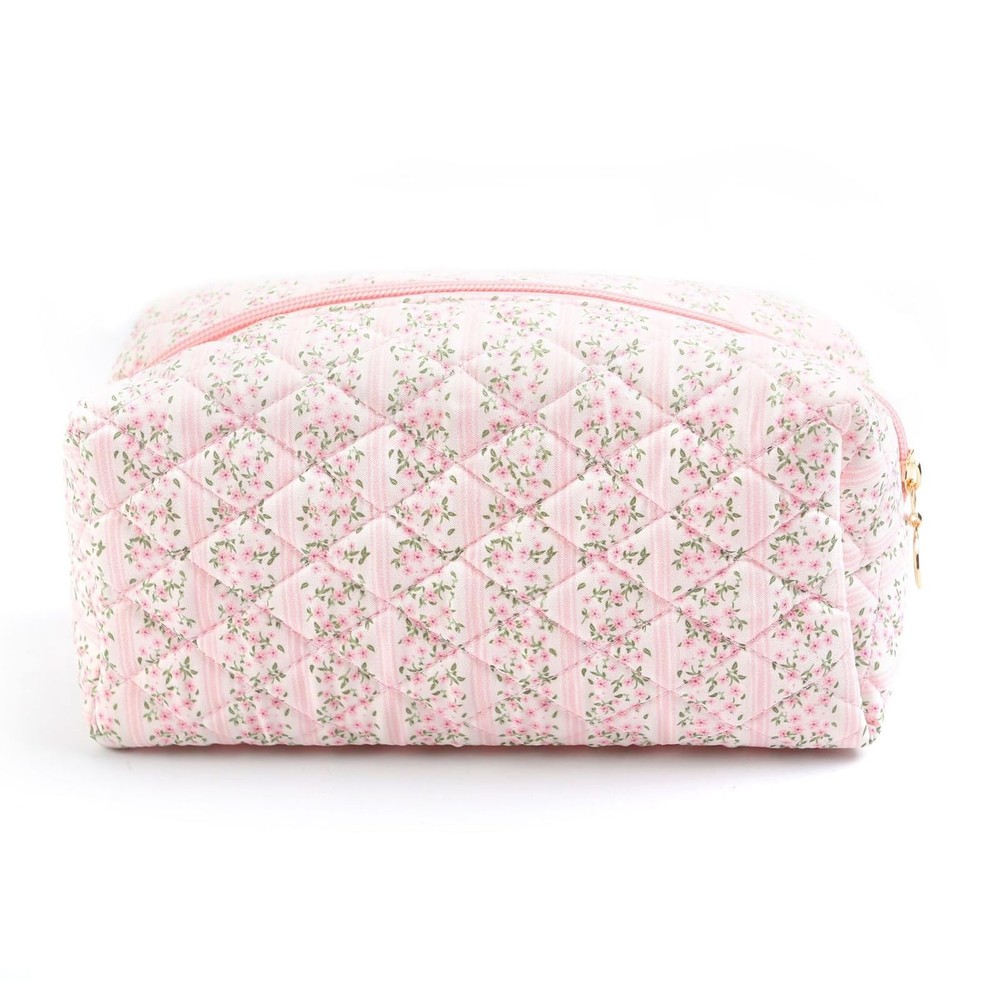 Floral Makeup Bag, Cute Quilted Toiletry Blossom Blush Pink