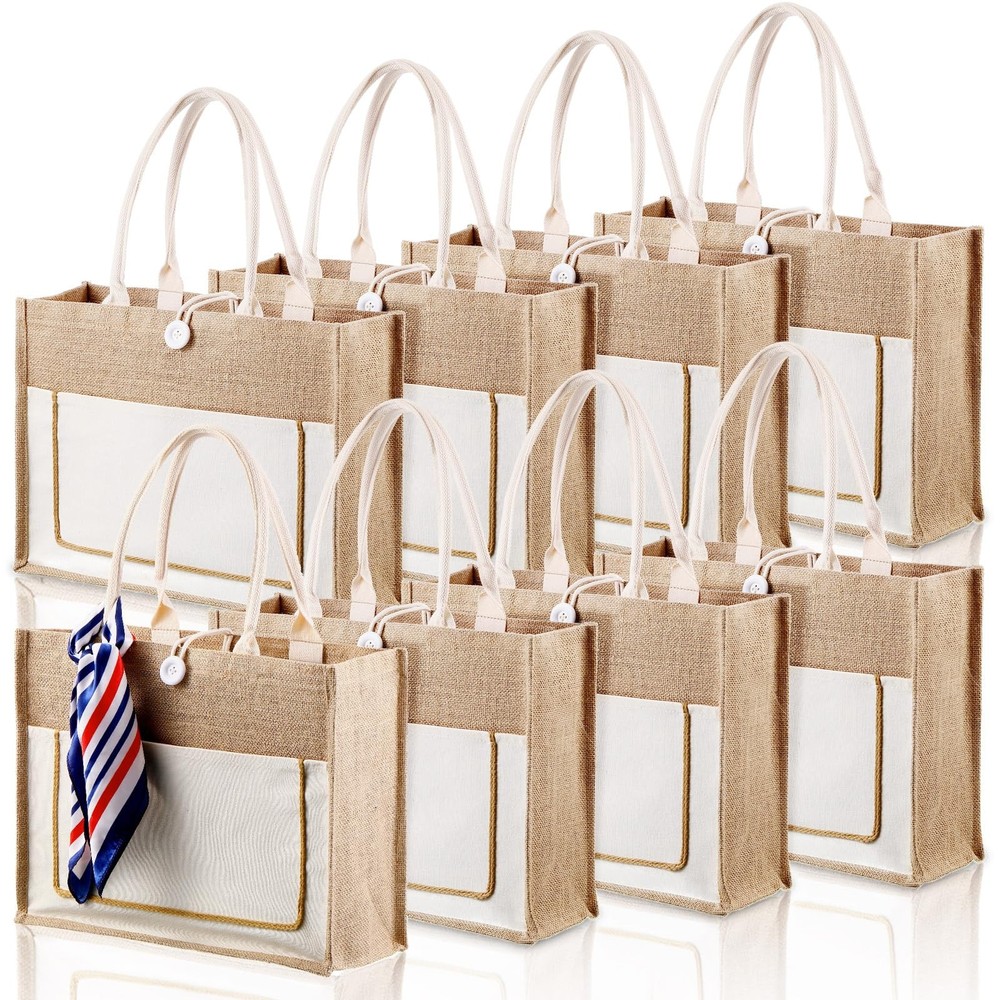 Reginary 8 Pcs Burlap Tote Bags Bulk Large Jute Tote with Handles Reusable Ca…