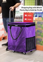 (Medium,Violet) Reusable Grocery Bag on Wheels, 70L Foldable Rolling Tote, Ex…