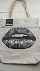 NLC Creations Beige Graphic Print Tote Bag Money Lips 14 x 14 in