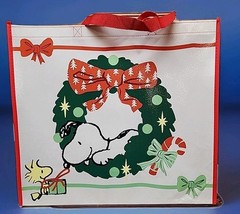 Peanuts Snoopy & Woodstock Christmas Wreath XLarge Polyester Tote Bag 19.5×17