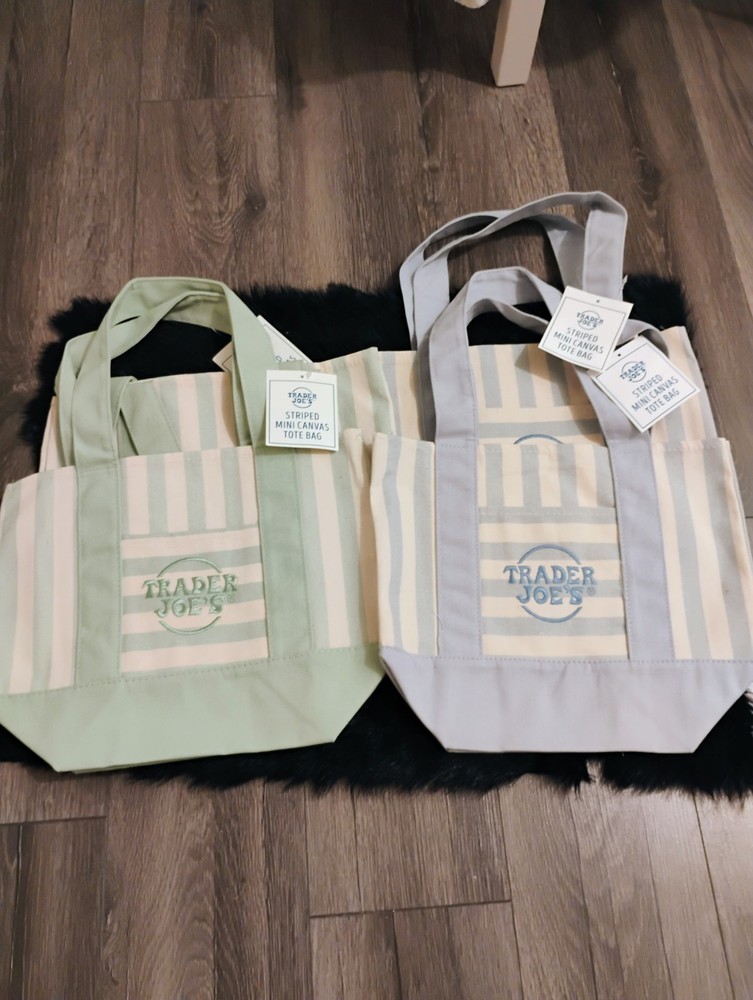 TRADER JOE’S MINI PASTEL STRIPE CANVAS TOTE BAGS SET Of 4 BLUE GREEN BEIGE