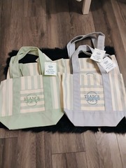 TRADER JOE’S MINI PASTEL STRIPE CANVAS TOTE BAGS SET Of 4 BLUE GREEN BEIGE