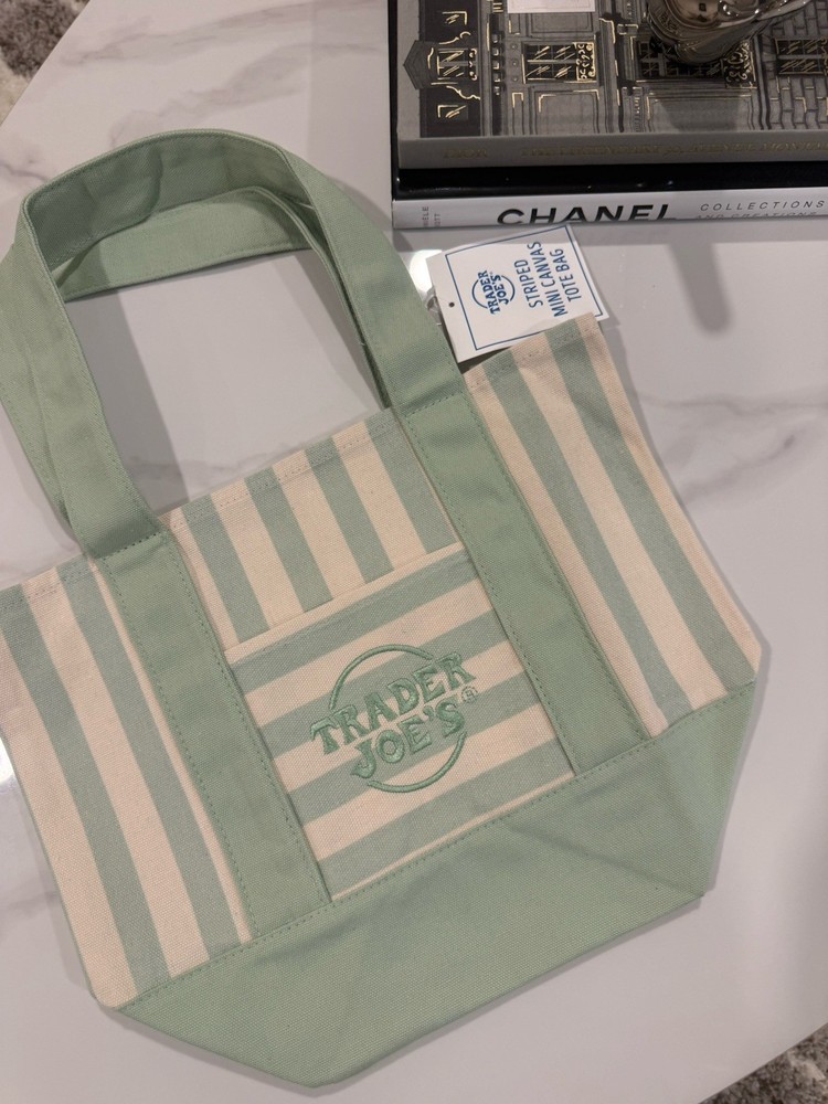 Trader Joe’s Striped Mini Canvas Tote Bag Green/Beige (Green and White) NEW 2026