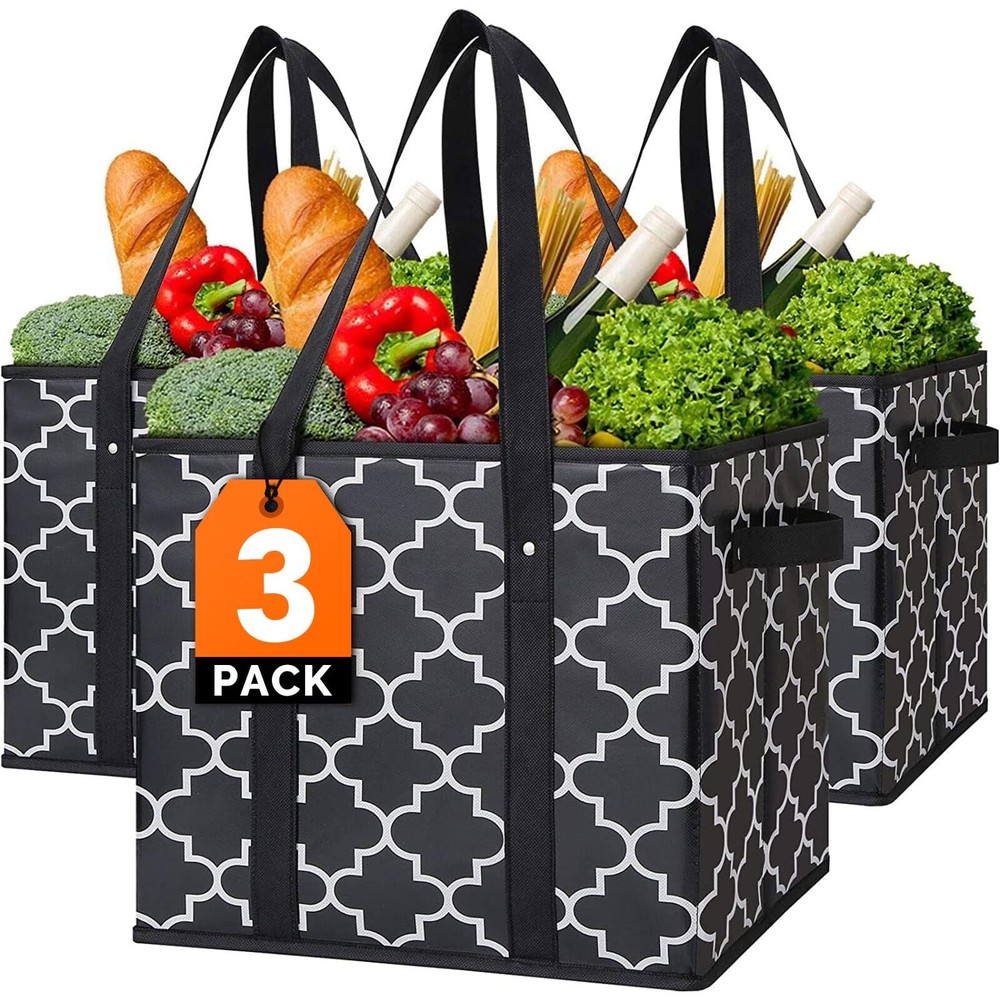 Reusable Grocery Bags 3-Pack Foldable Washable Large Storage Bins Basket Wate…