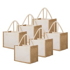6 PCS Cotton Canvas Tote Bags with Burlap Sides, Reusable Grocery Shopping Bag