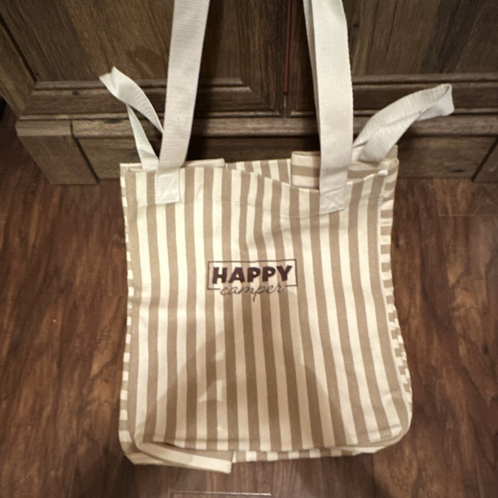 Happy Camper Striped Canvas Foldable Reusable Shopping Bag Beige White