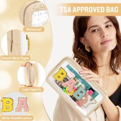 Chenille Letter Clear Makeup Bag with Zipper and Waterproof Nylon BABY-Beige